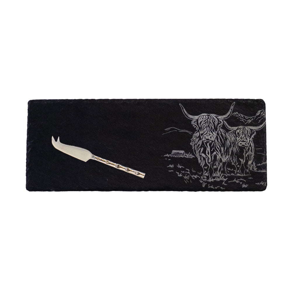 Scenic Highland Cow Mini Slate Cheese Board & Knife Set