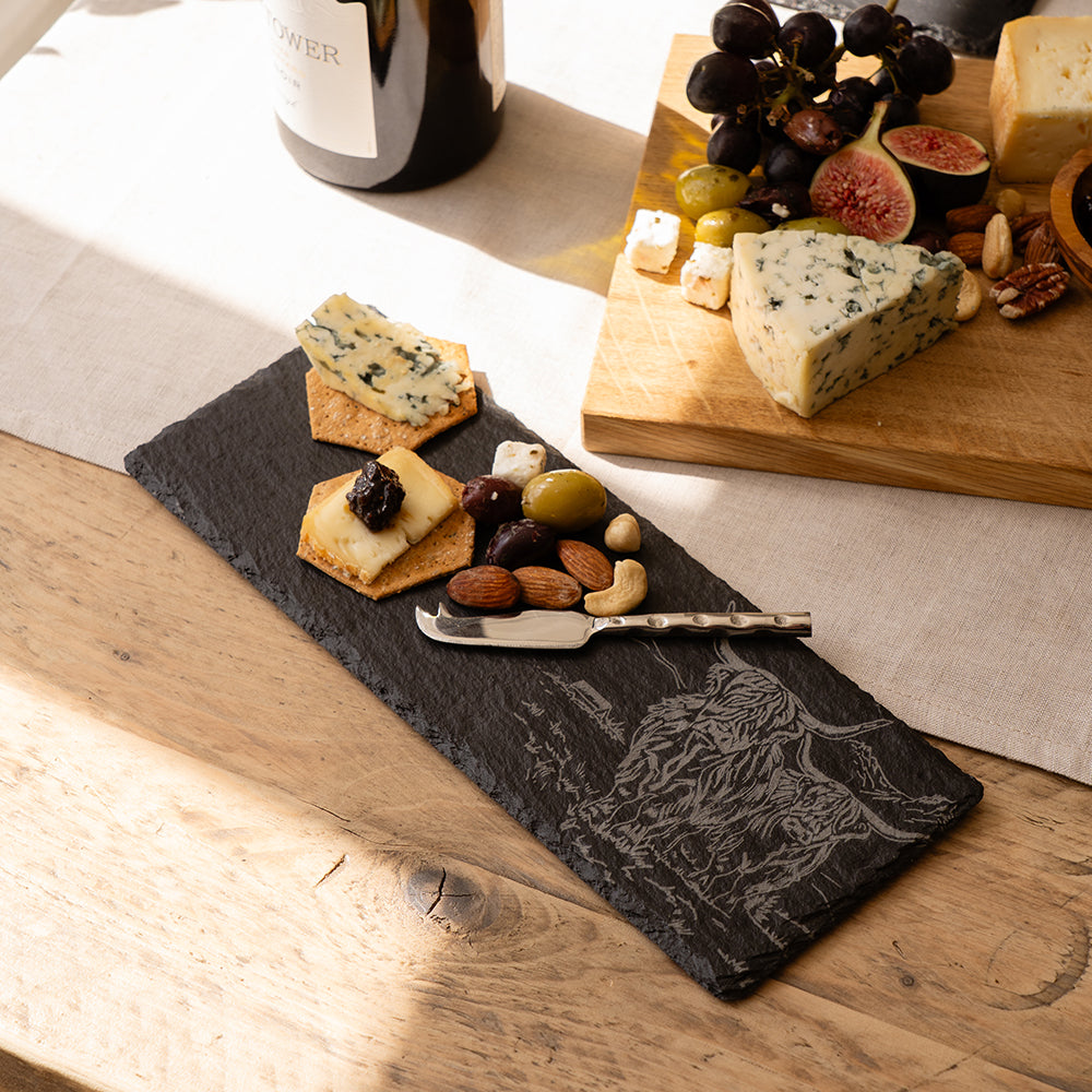 Scenic Highland Cow Mini Slate Cheese Board & Knife Set