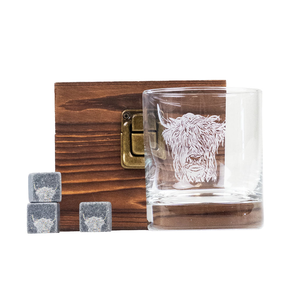 Highland Cow Glass and Whisky Stone Set