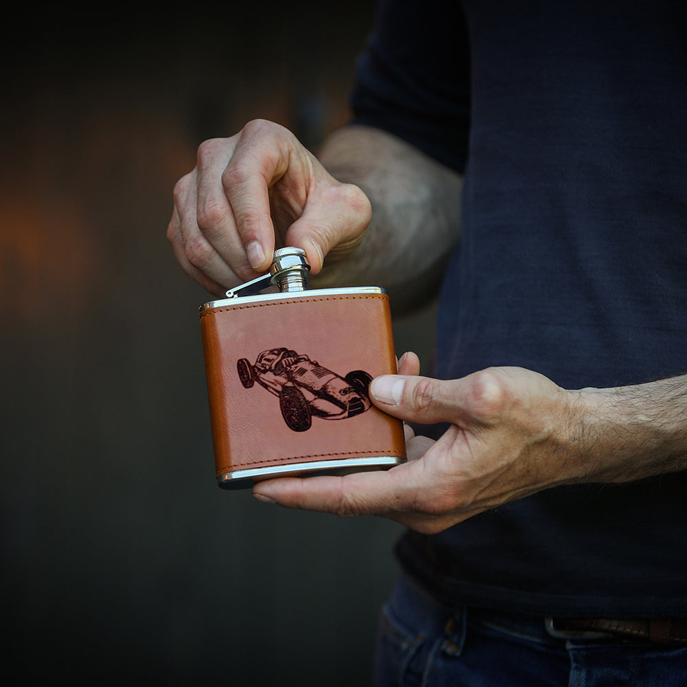 Vintage Racing Car Leather Hip Flask