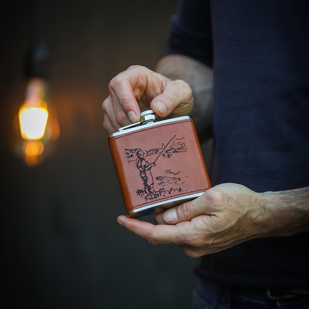 Fishing Leather Hip Flask