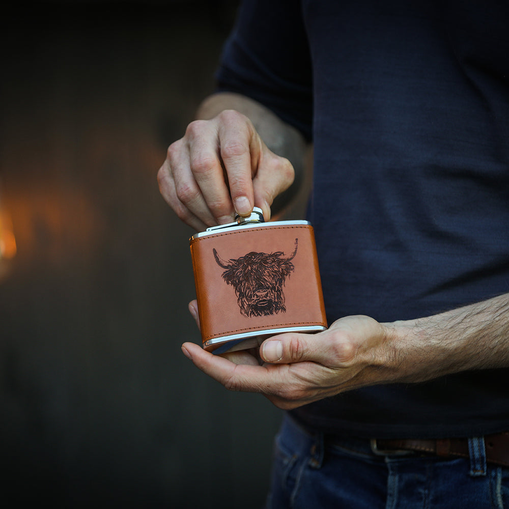 Highland Cow Leather Hip Flask