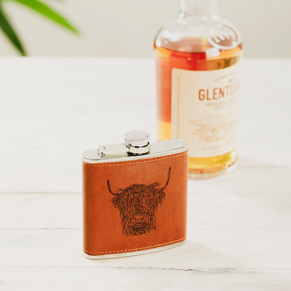 Highland Cow Leather Hip Flask