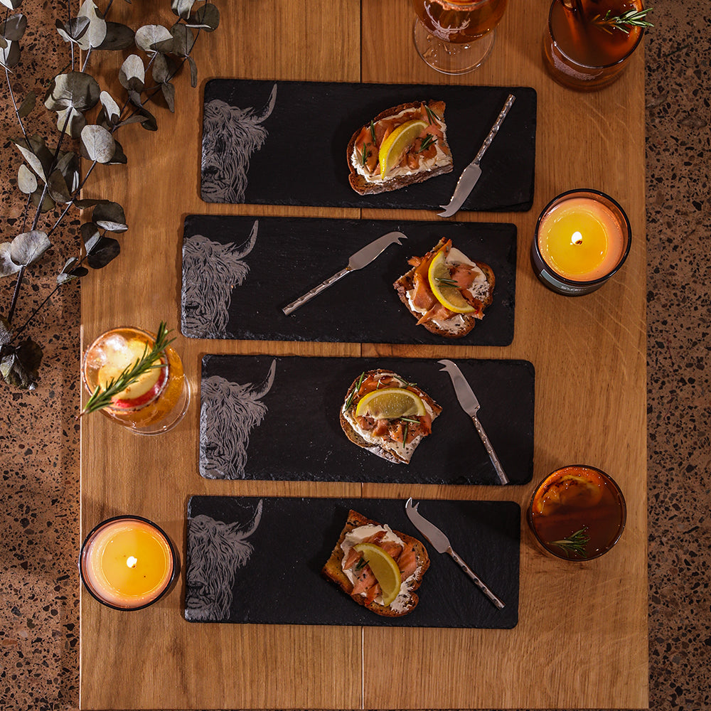 Highland Cow Mini Slate Cheese Board & Knife Sets - Set of 4