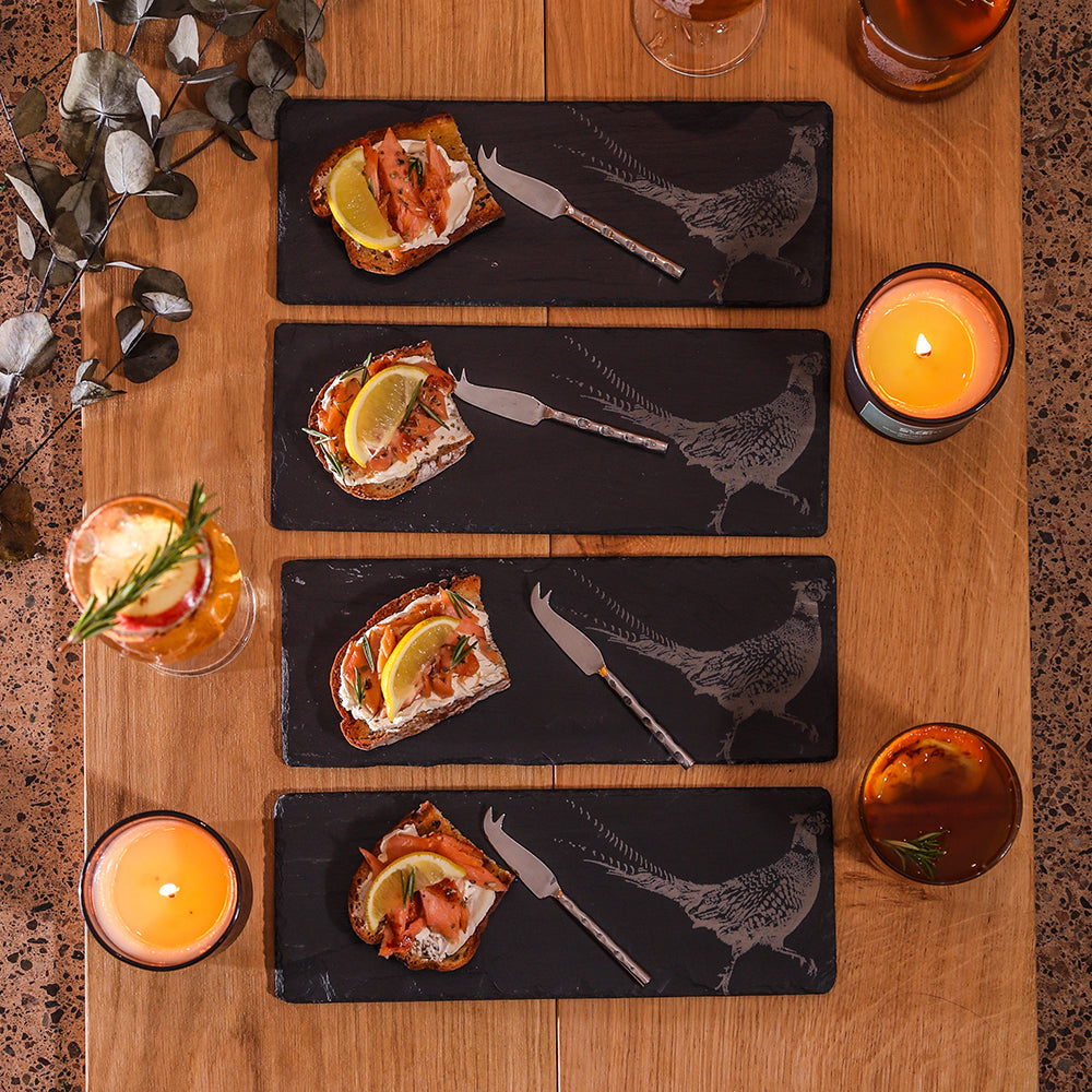 Pheasant Mini Slate Cheese Board & Knife Sets - Set of 4
