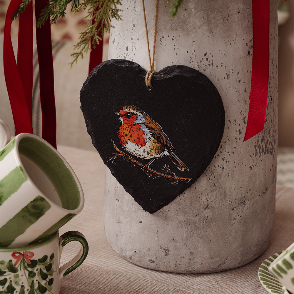 Robin Large Heart Slate Decoration