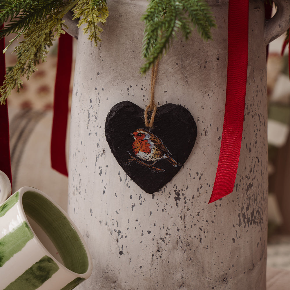 Robin Small Heart Slate Decoration