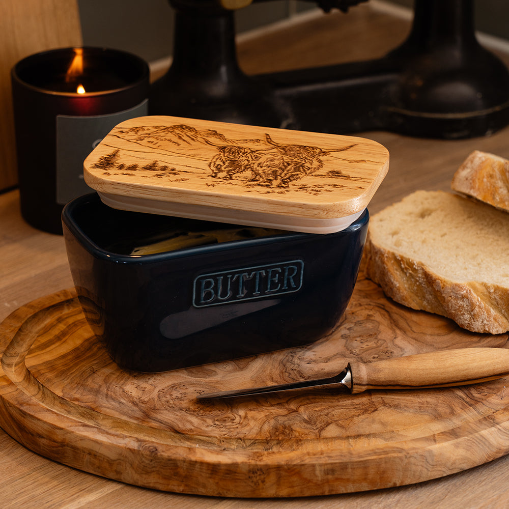 Scenic Highland Cow Blue Butter Dish