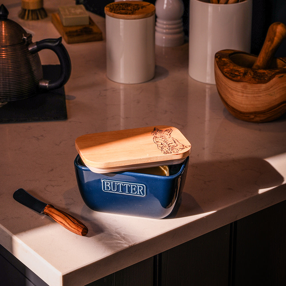 Tabby Cat Blue Butter Dish