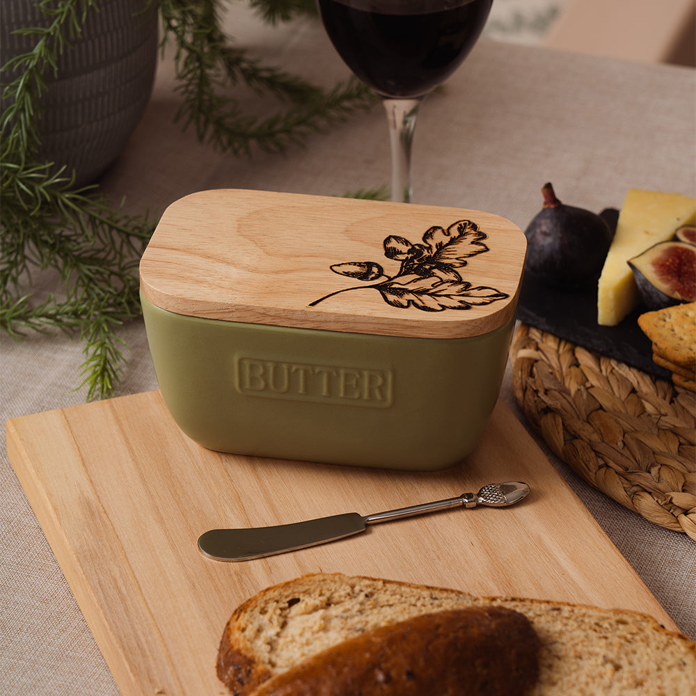 Acorn Green Butter Dish & Knife Set