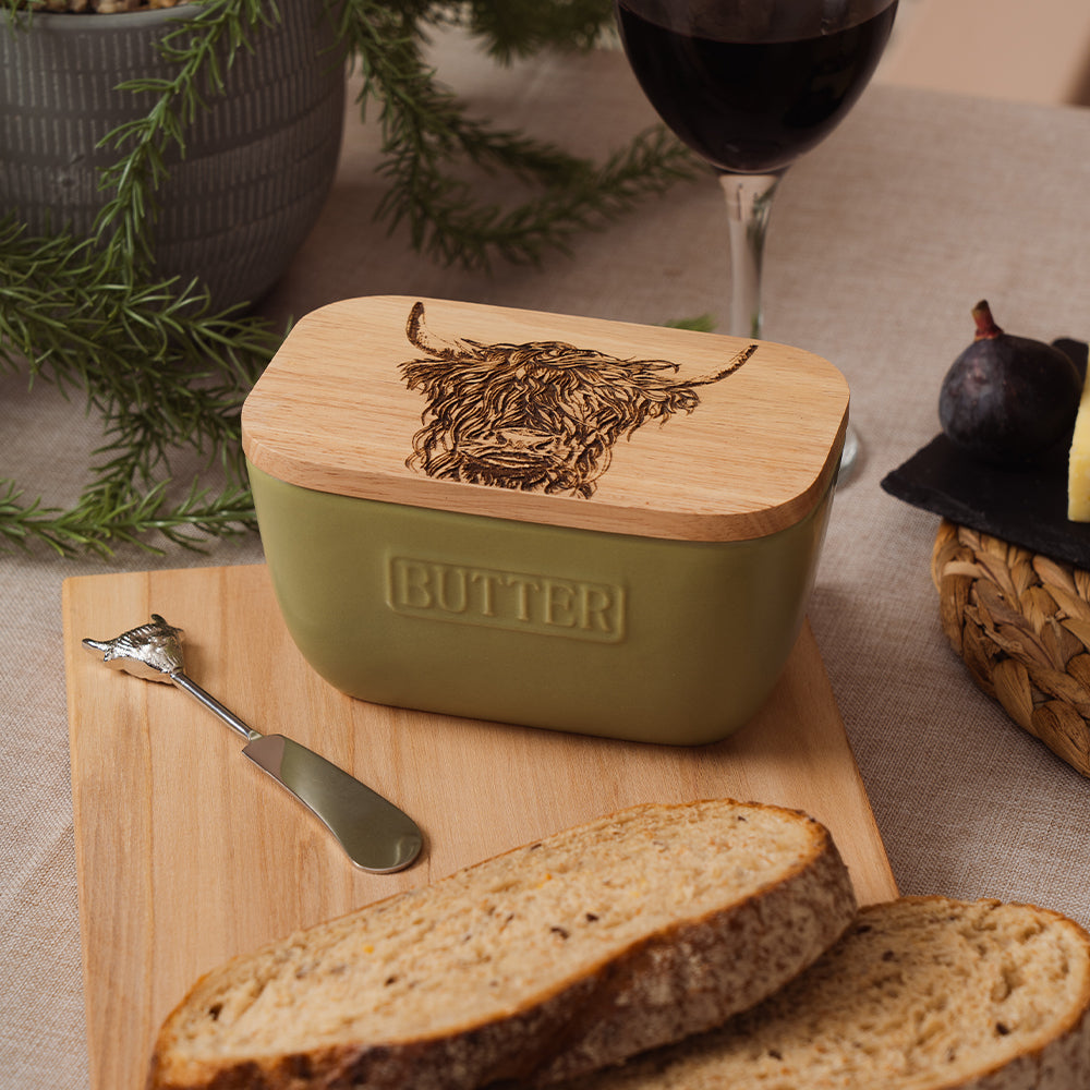Highland Cow Green Butter Dish & Knife Set