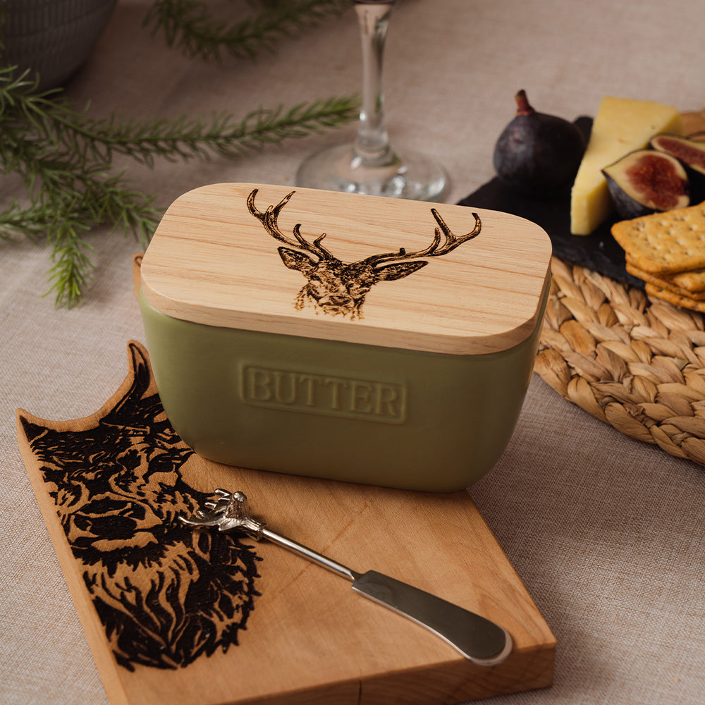 Stag Green Butter Dish & Knife Set