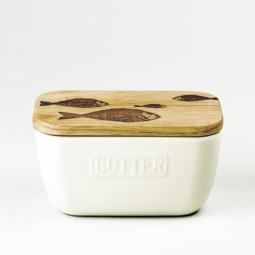 Fish Repeat White Butter Dish