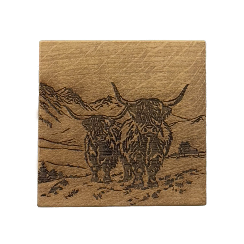 Scenic Highland Cow Single Oak Coaster