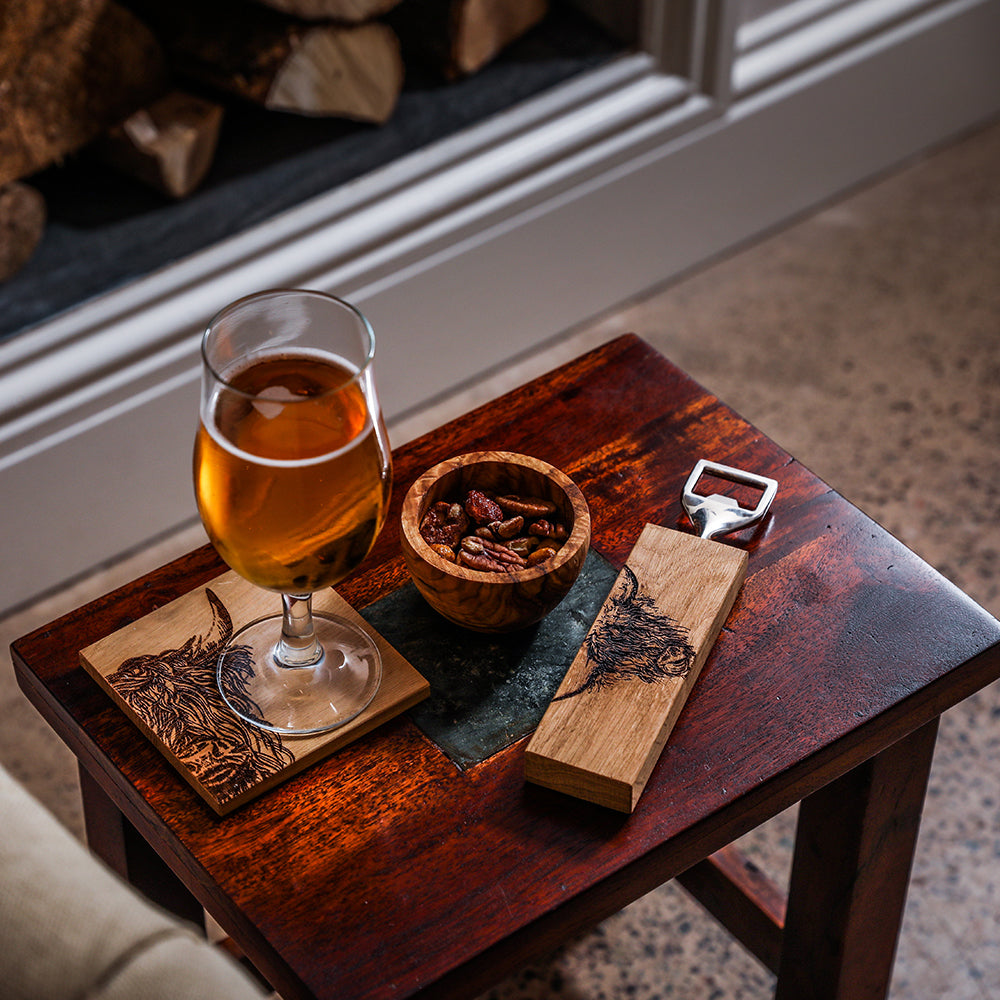 Highland Cow Oak Coasters - Set of 2