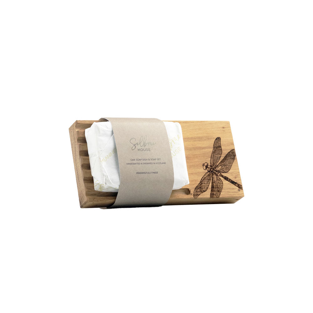 Dragonfly Oak Soap Dish & Soap Set