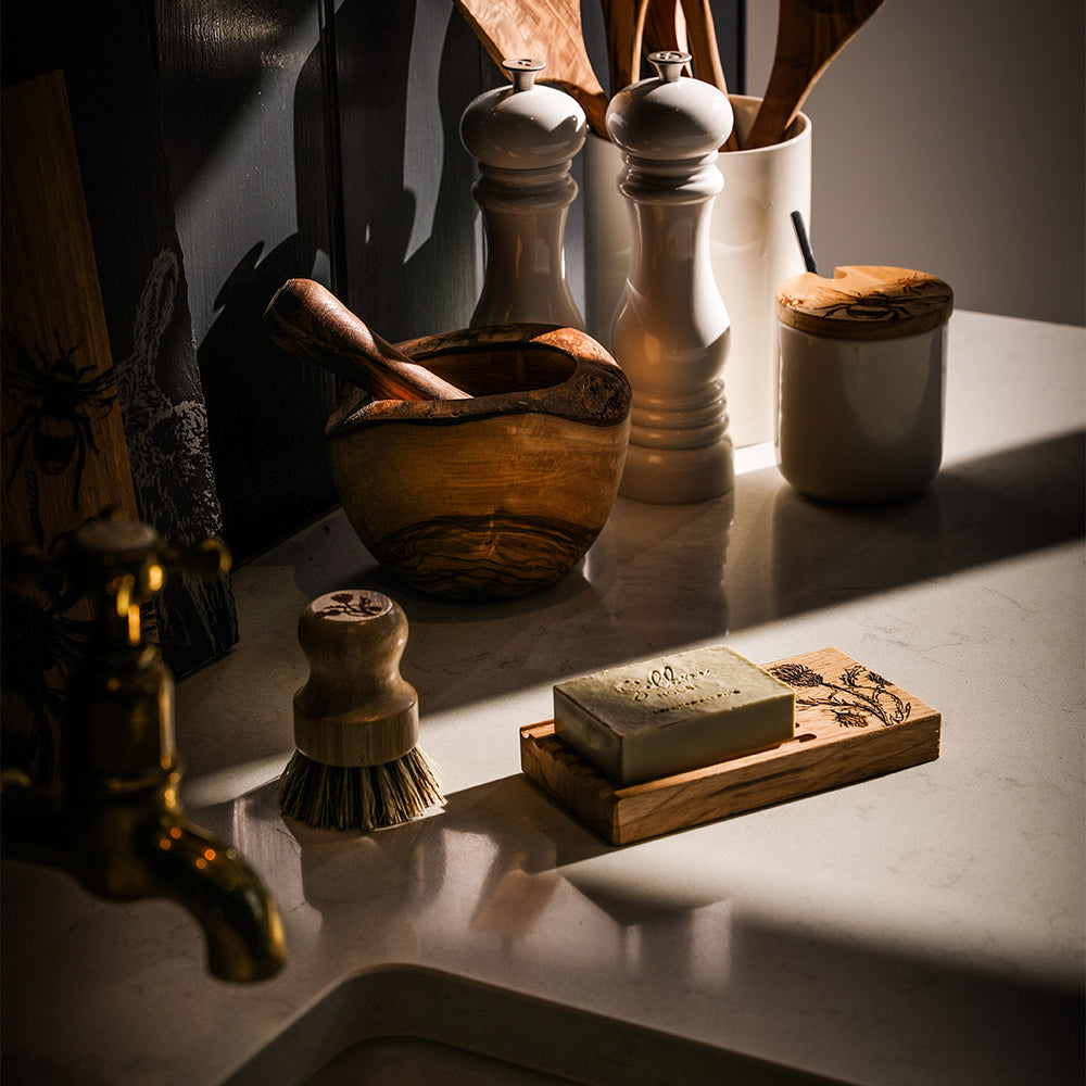 Thistle Trio Oak Soap Dish & Soap Set