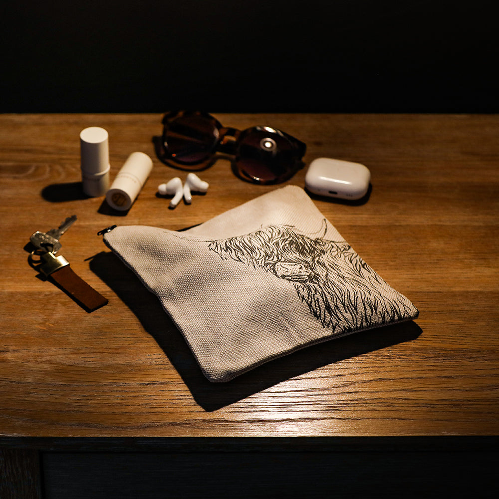 Highland Cow Linen Cosmetic Pouch - Small