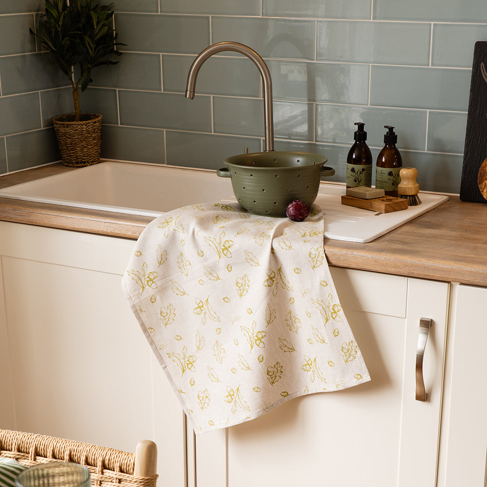 Autumn Acorns Linen Tea Towel