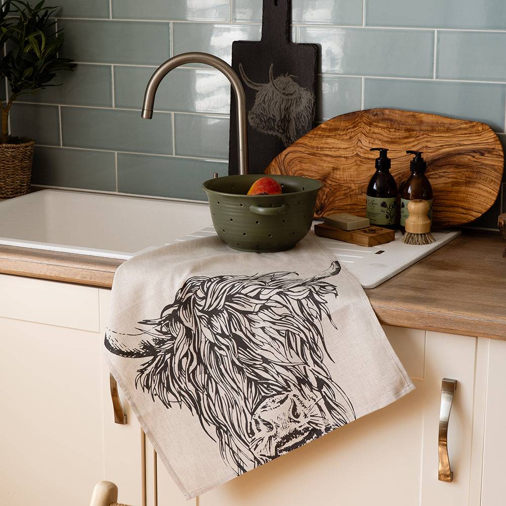 Highland Cow Linen Tea Towel