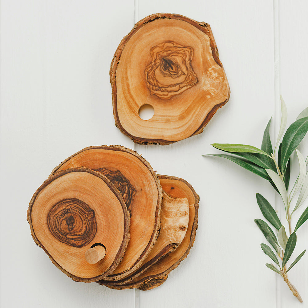 Olive Wood Rustic Coasters with Holder - Set of 6
