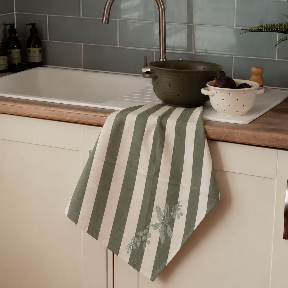Green Stripe Dragonfly Cotton Tea Towel