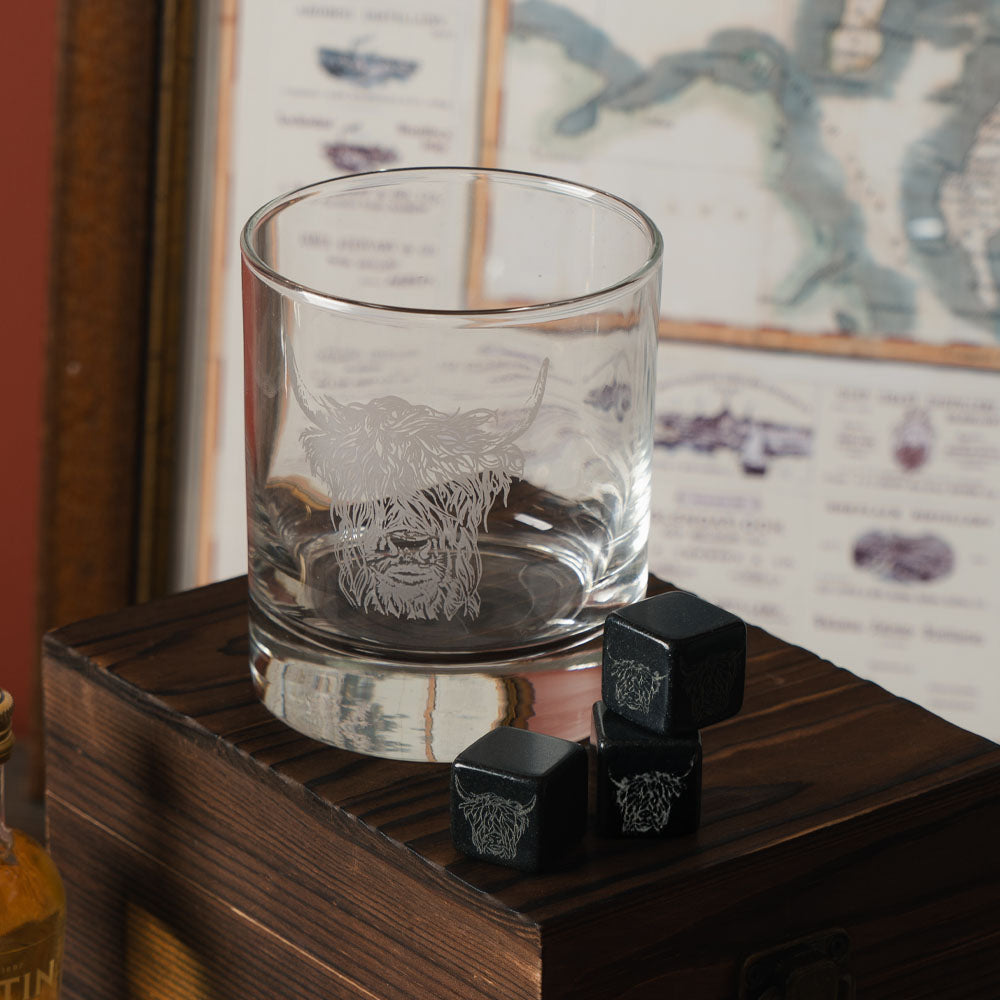 Highland Cow Glass and Whisky Stone Set
