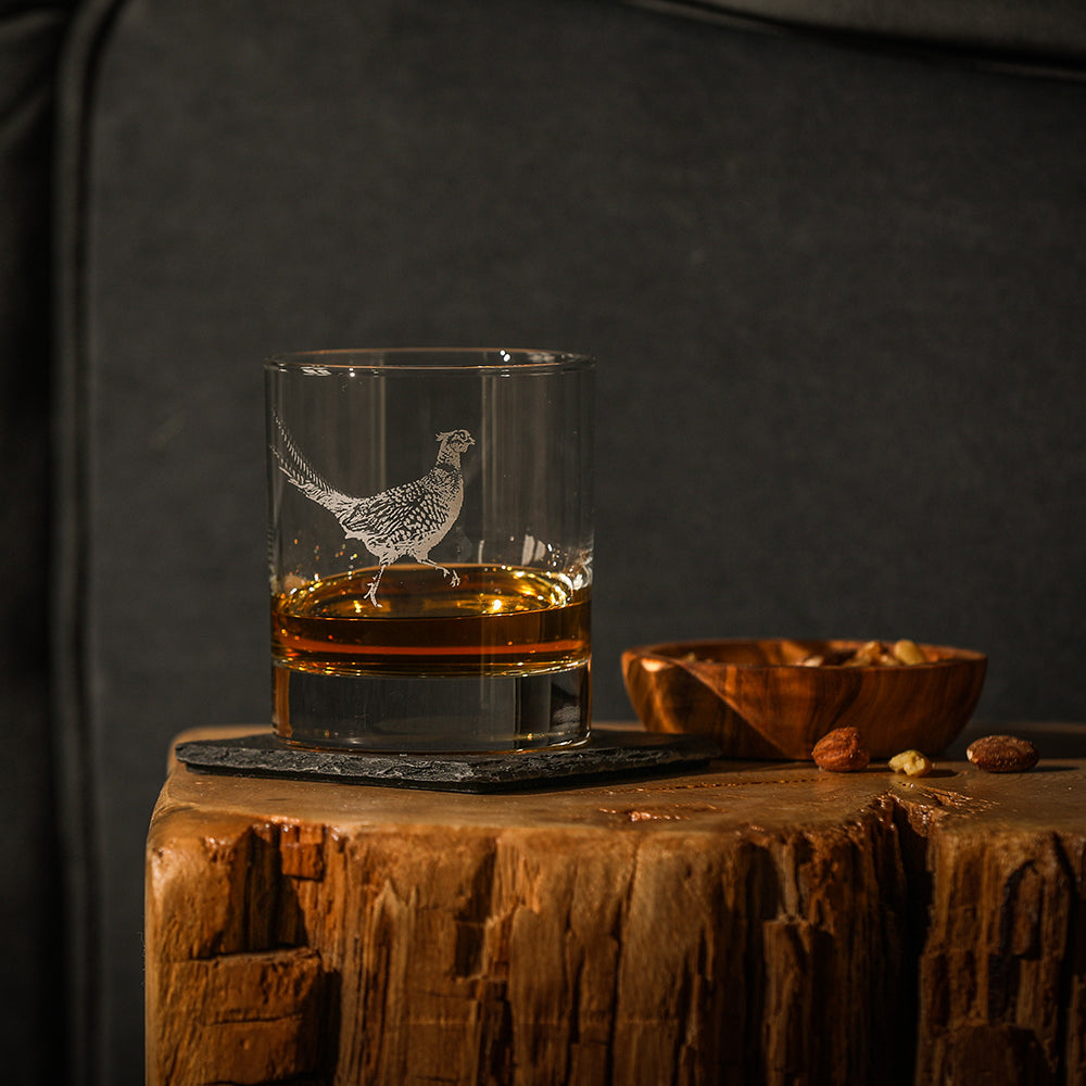 Pheasant Glass Tumbler & Slate Coaster Set