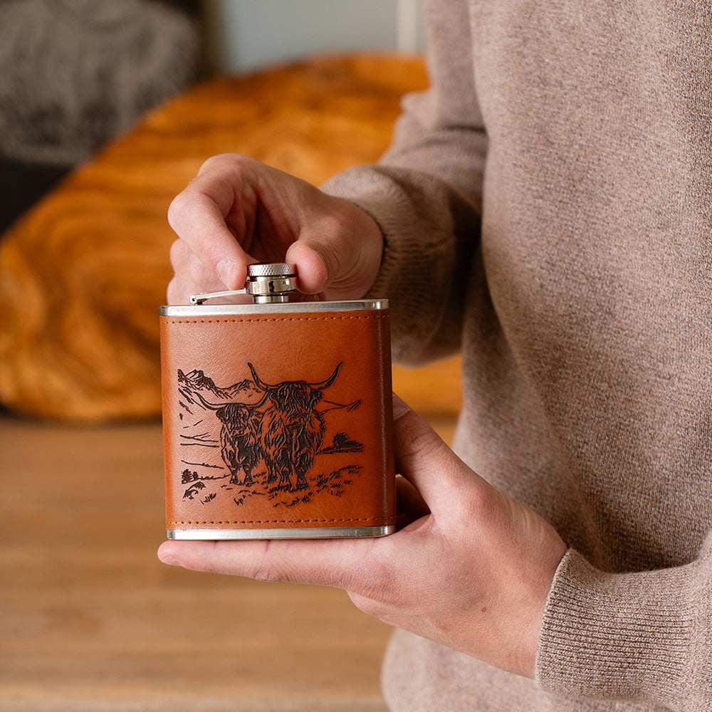 Scenic Highland Cow Leather Hip Flask