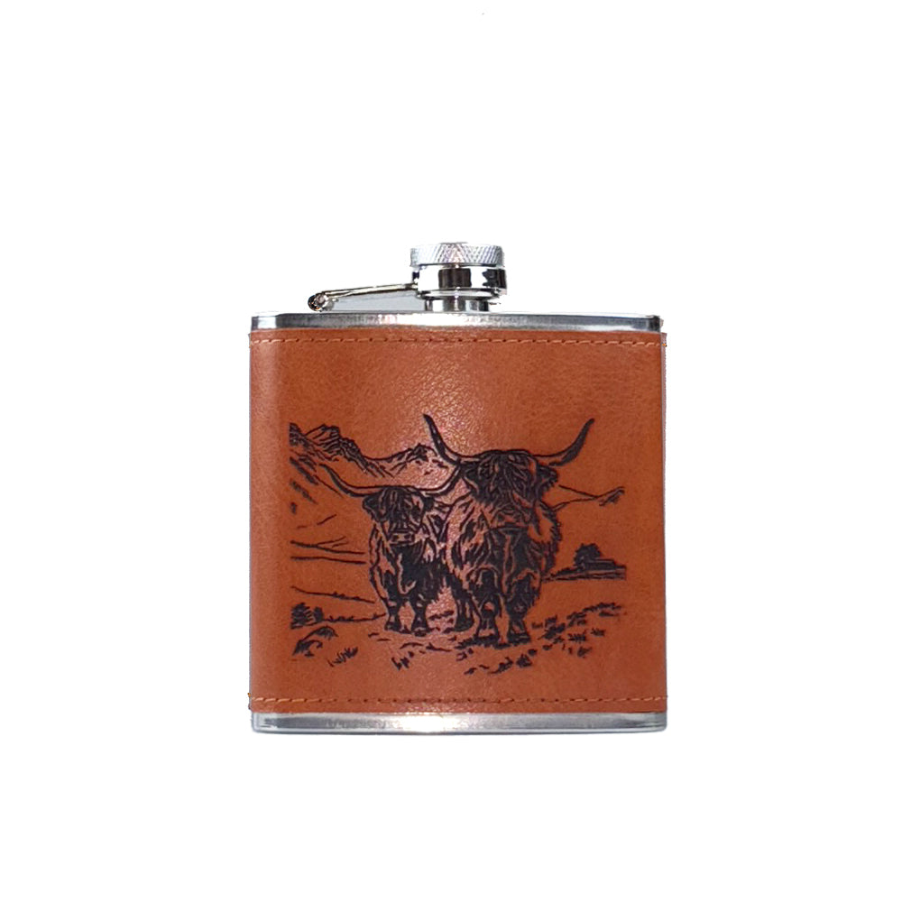 Scenic Highland Cow Leather Hip Flask