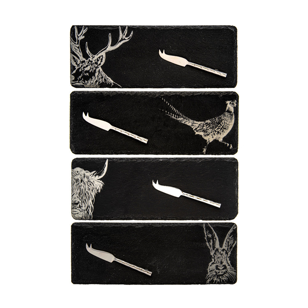 Country Animals Mini Slate Cheese Board & Knife Sets - Set of 4