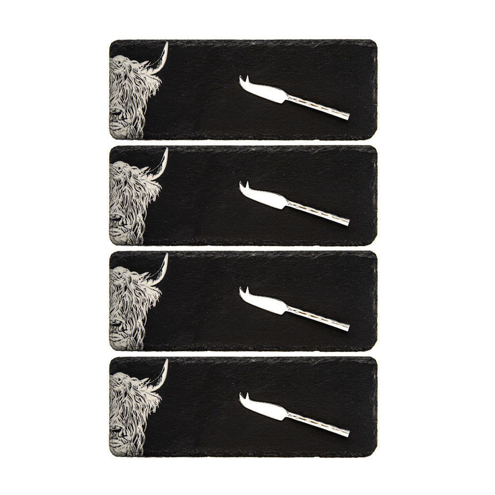 Highland Cow Mini Slate Cheese Board & Knife Sets - Set of 4