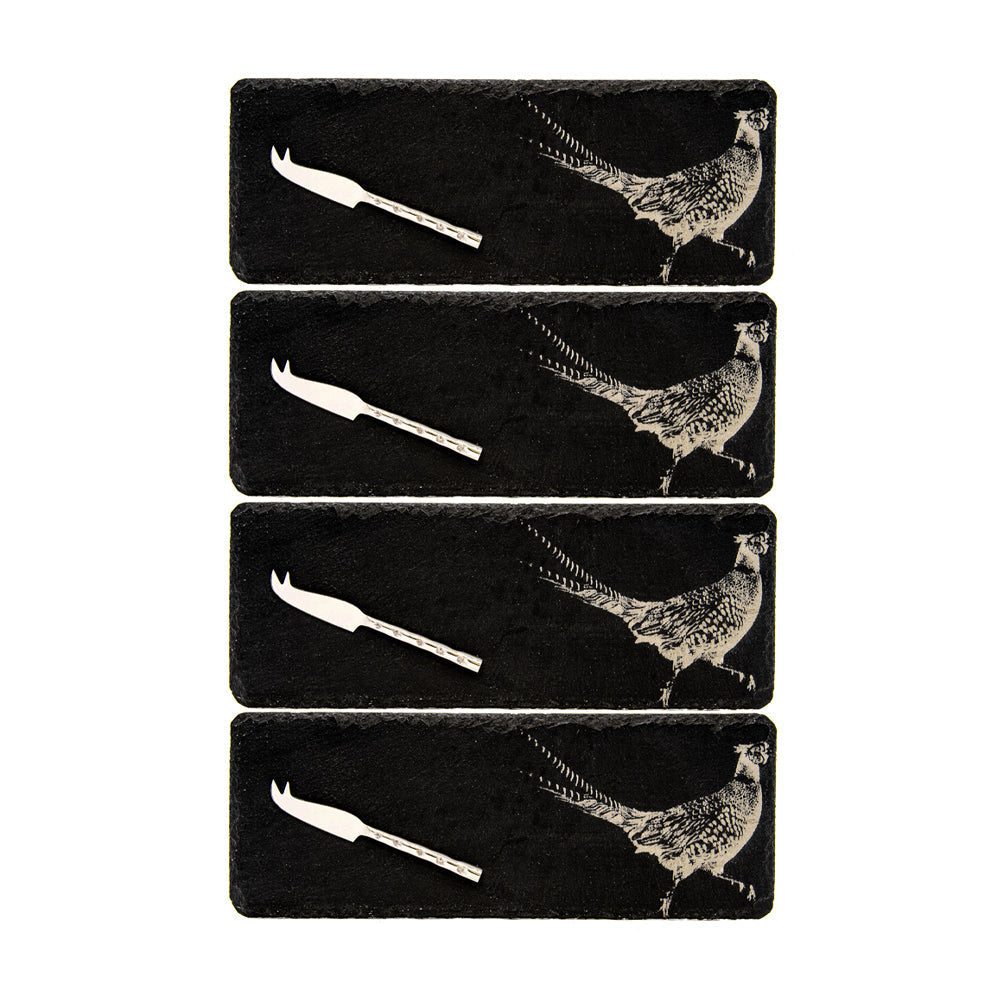 Pheasant Mini Slate Cheese Board & Knife Sets - Set of 4