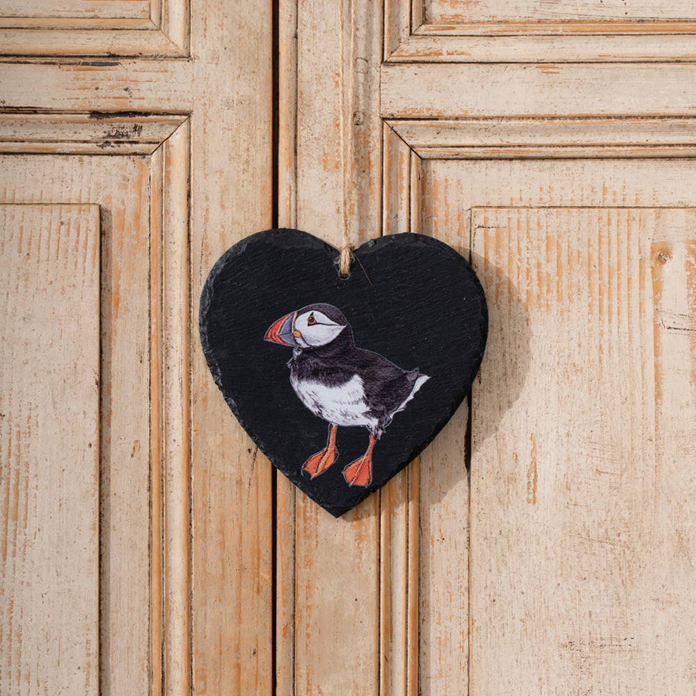 Puffin Slate Decoration - Large Heart