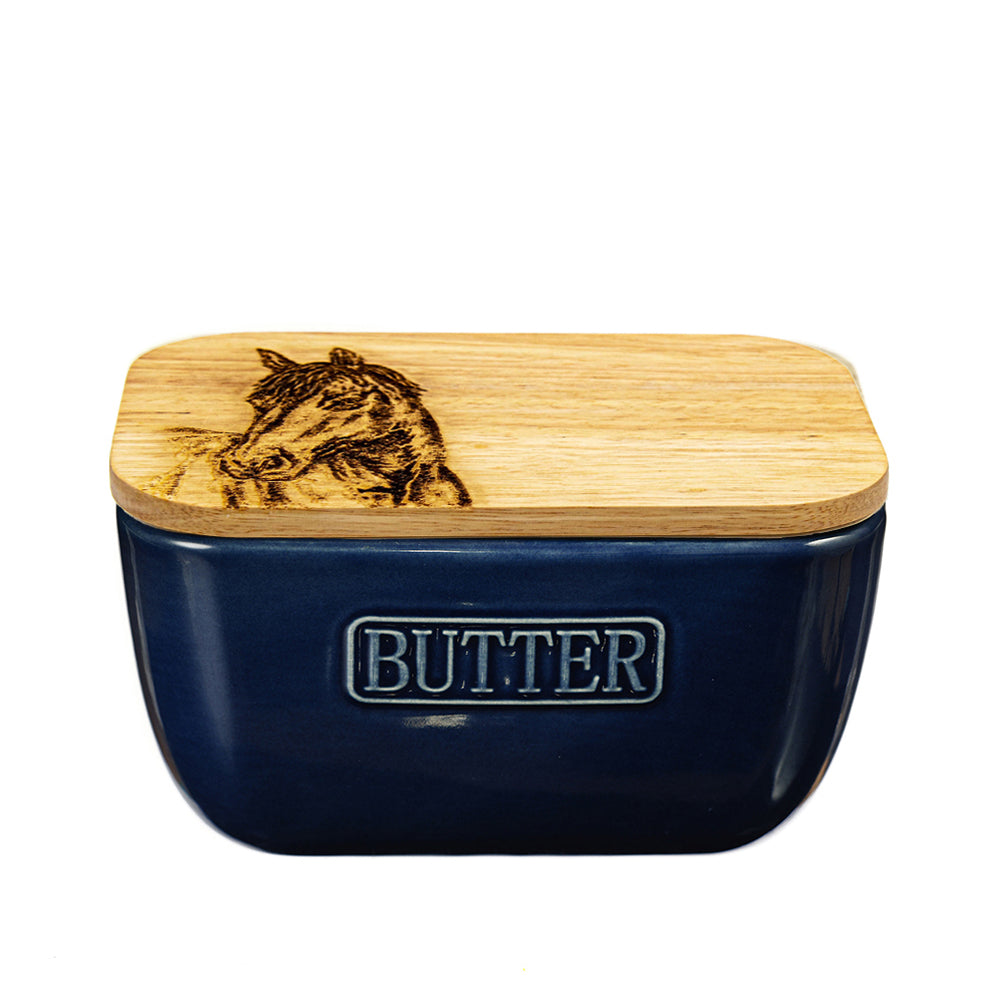 Horse Portrait Blue Butter Dish
