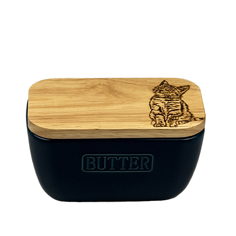 Tabby Cat Blue Butter Dish