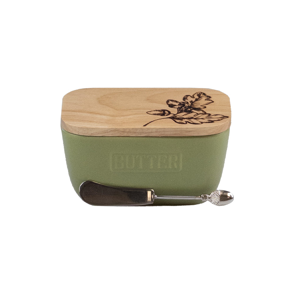 Acorn Green Butter Dish & Knife Set