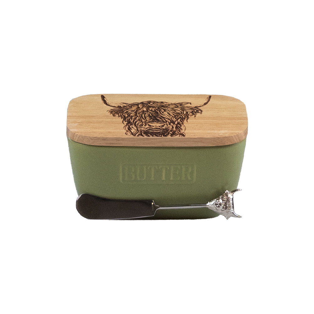 Highland Cow Green Butter Dish & Knife Set