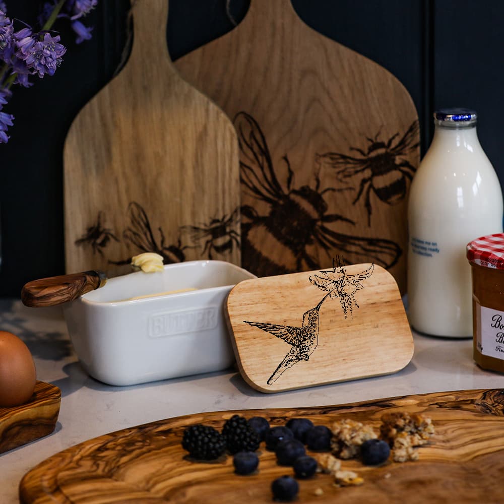 Hummingbird White Butter Dish