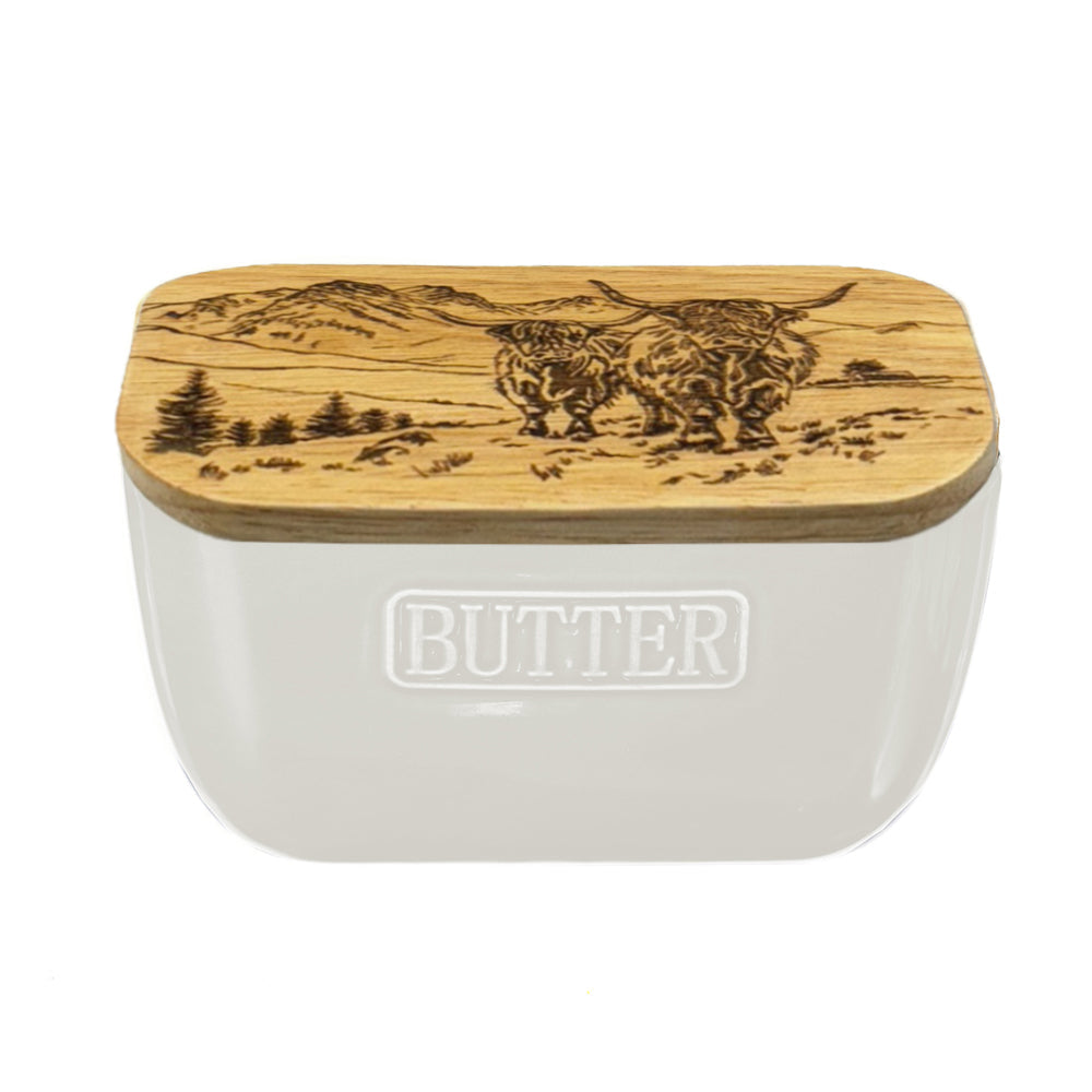 Scenic Highland Cow White Butter Dish