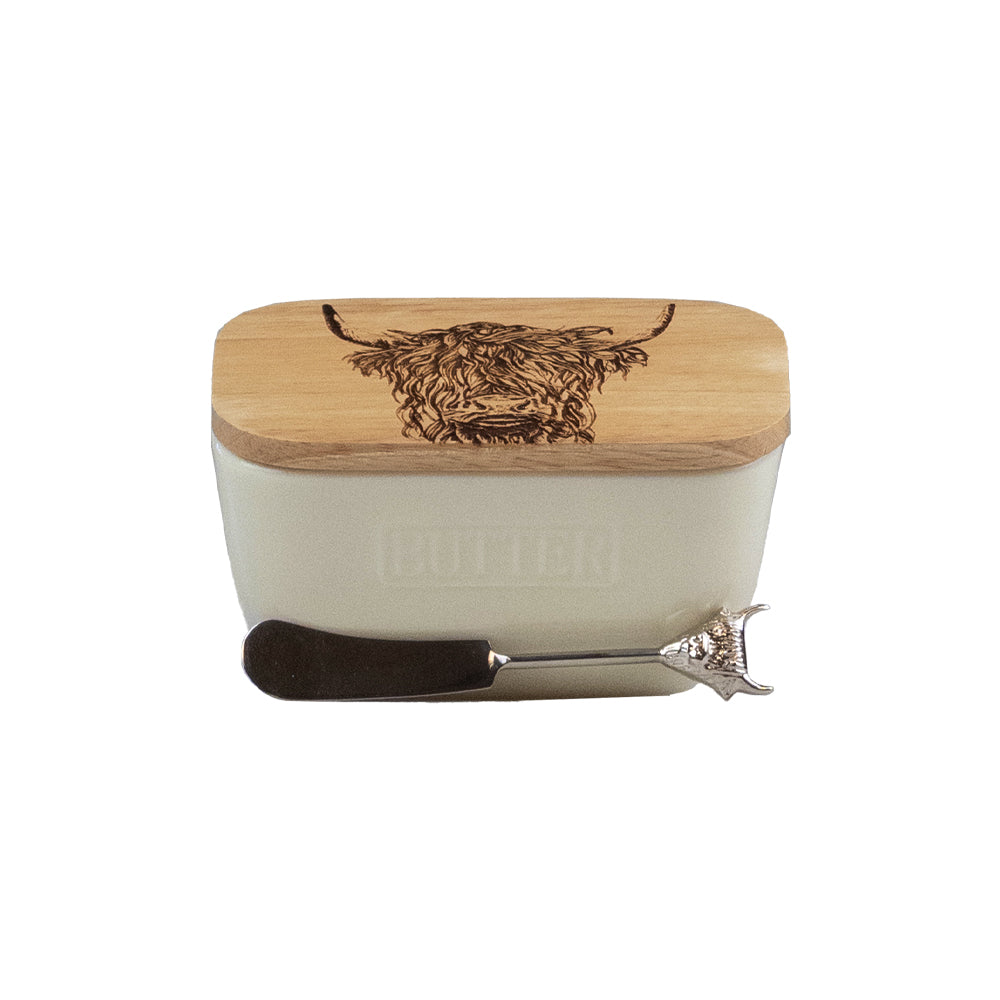 Highland Cow White Butter Dish & Knife Set