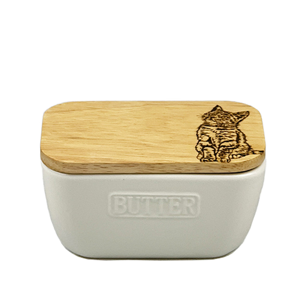 Tabby Cat White Butter Dish