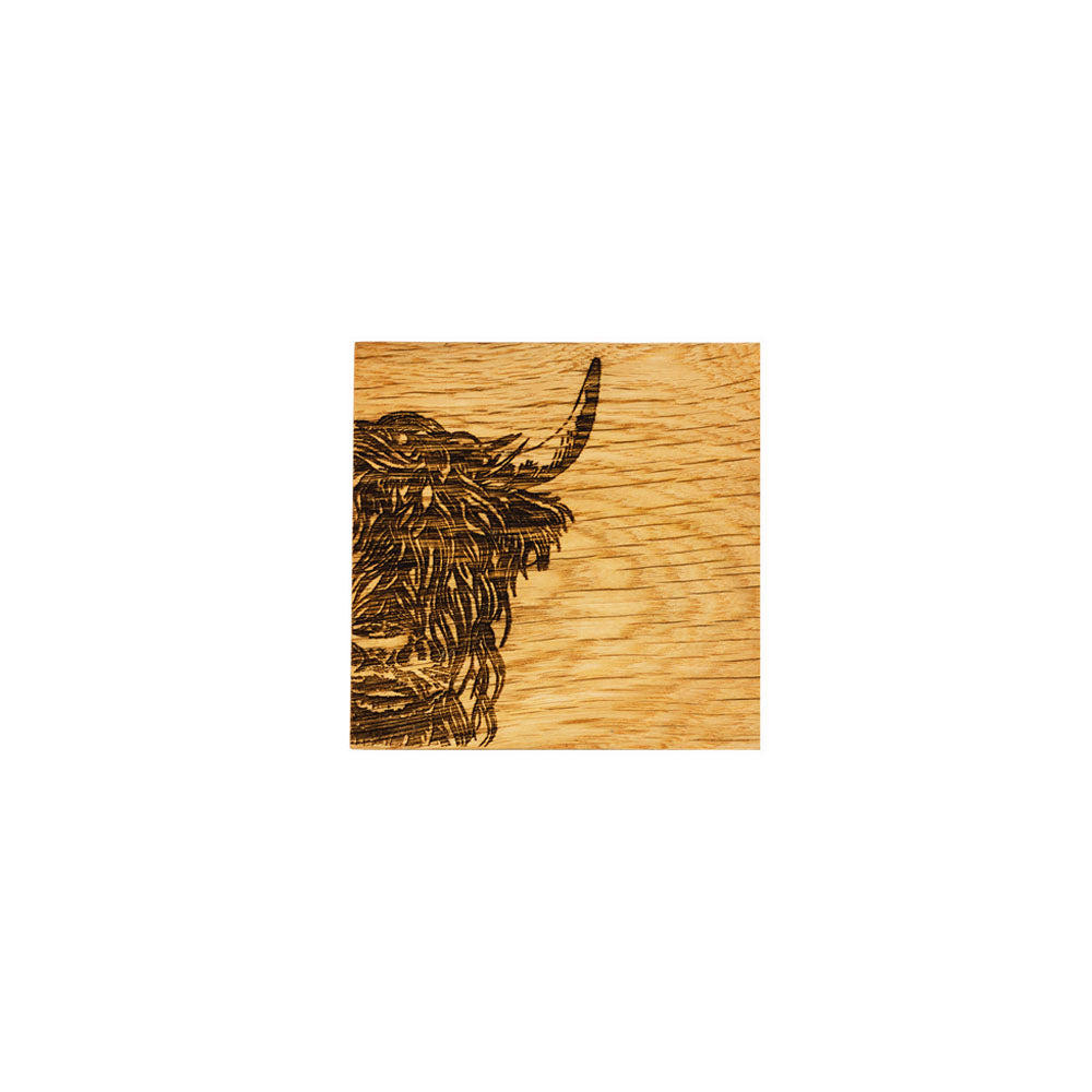 Highland Cow Single Oak Coaster