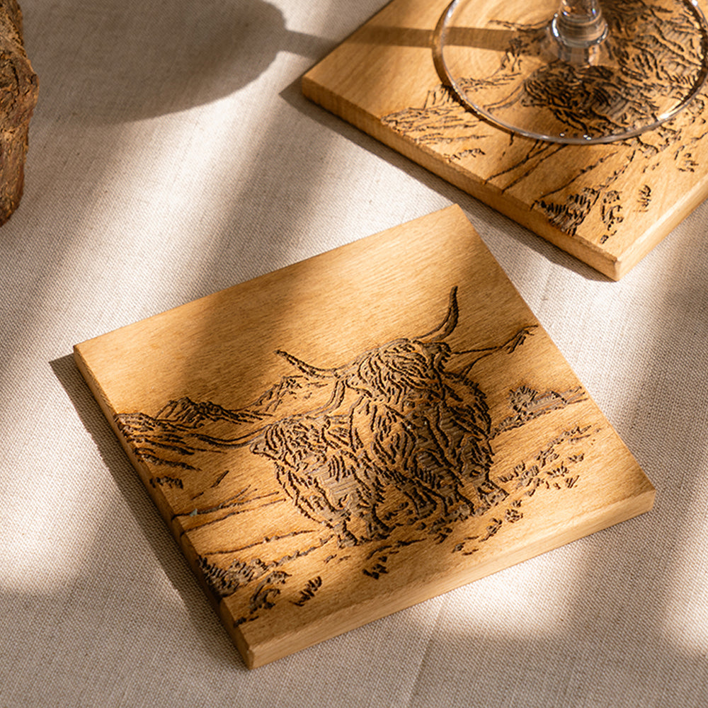 Scenic Highland Cow Single Oak Coaster