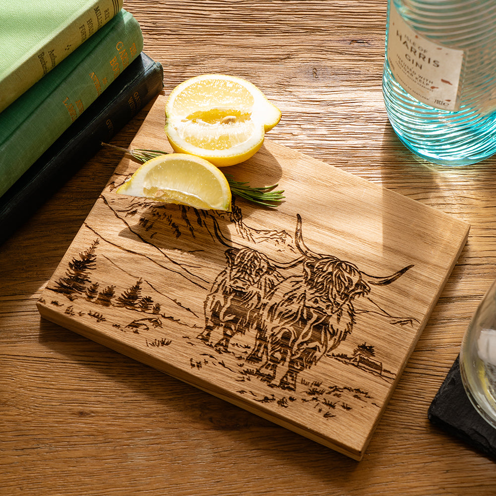 Scenic Highland Cow Oak Bar Board