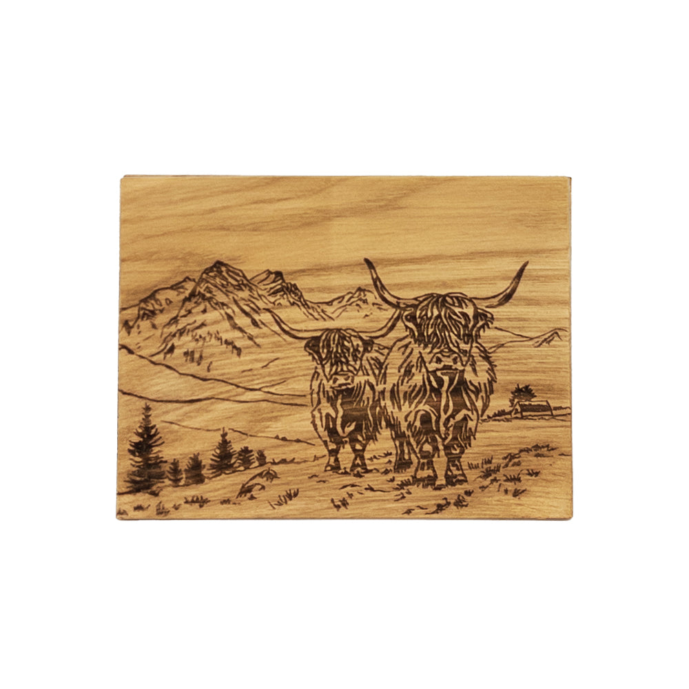 Scenic Highland Cow Oak Bar Board