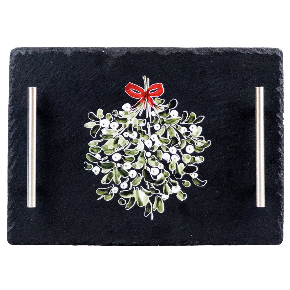 Mistletoe Plain Handle Slate Serving Tray Medium Boxed