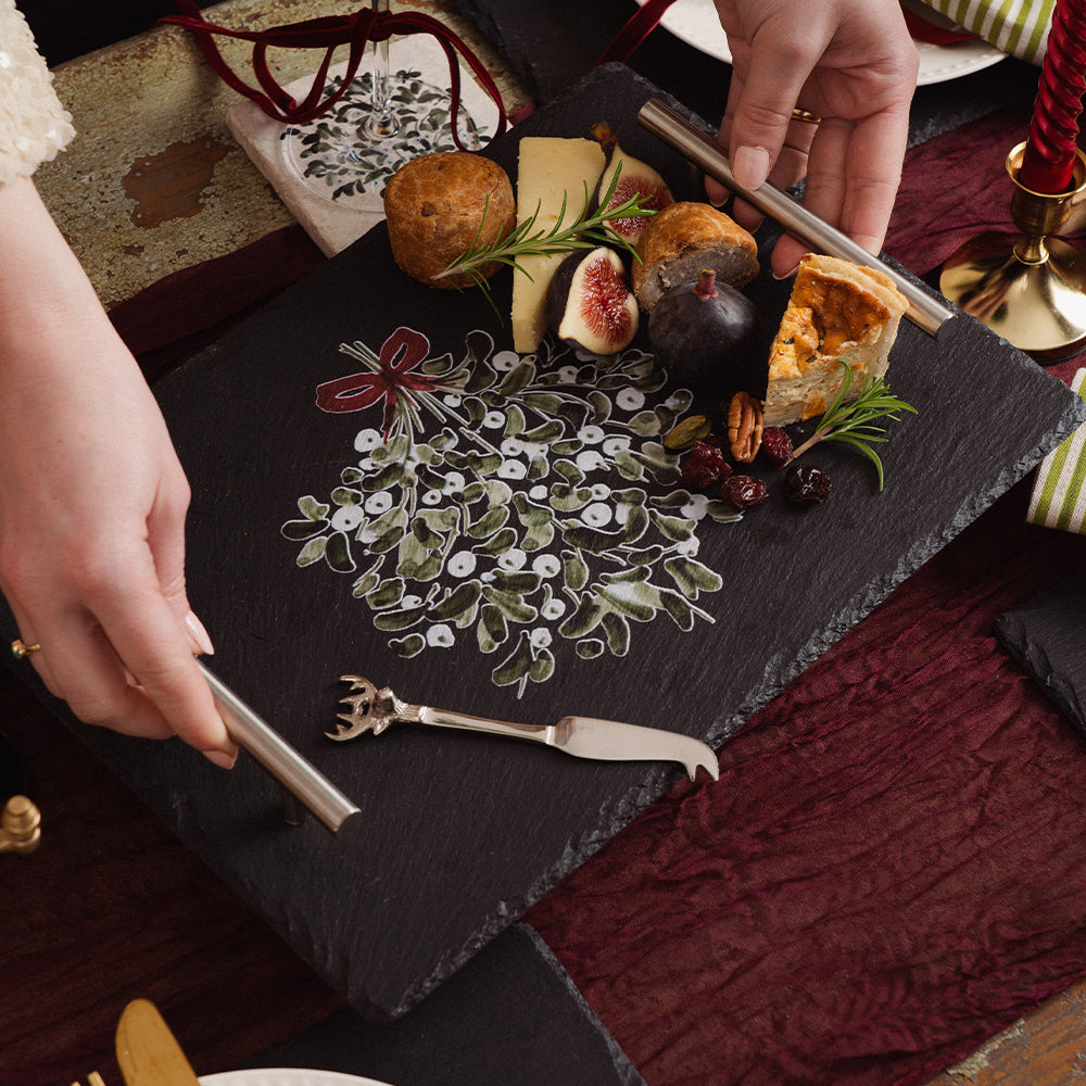 Mistletoe Plain Handle Slate Serving Tray Medium Boxed