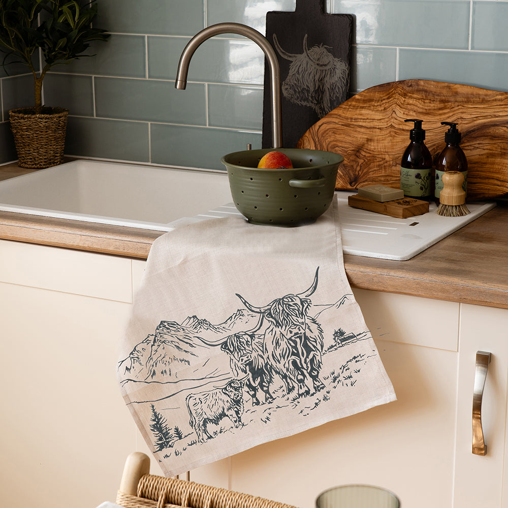 Scenic Highland Cow Linen Tea Towel