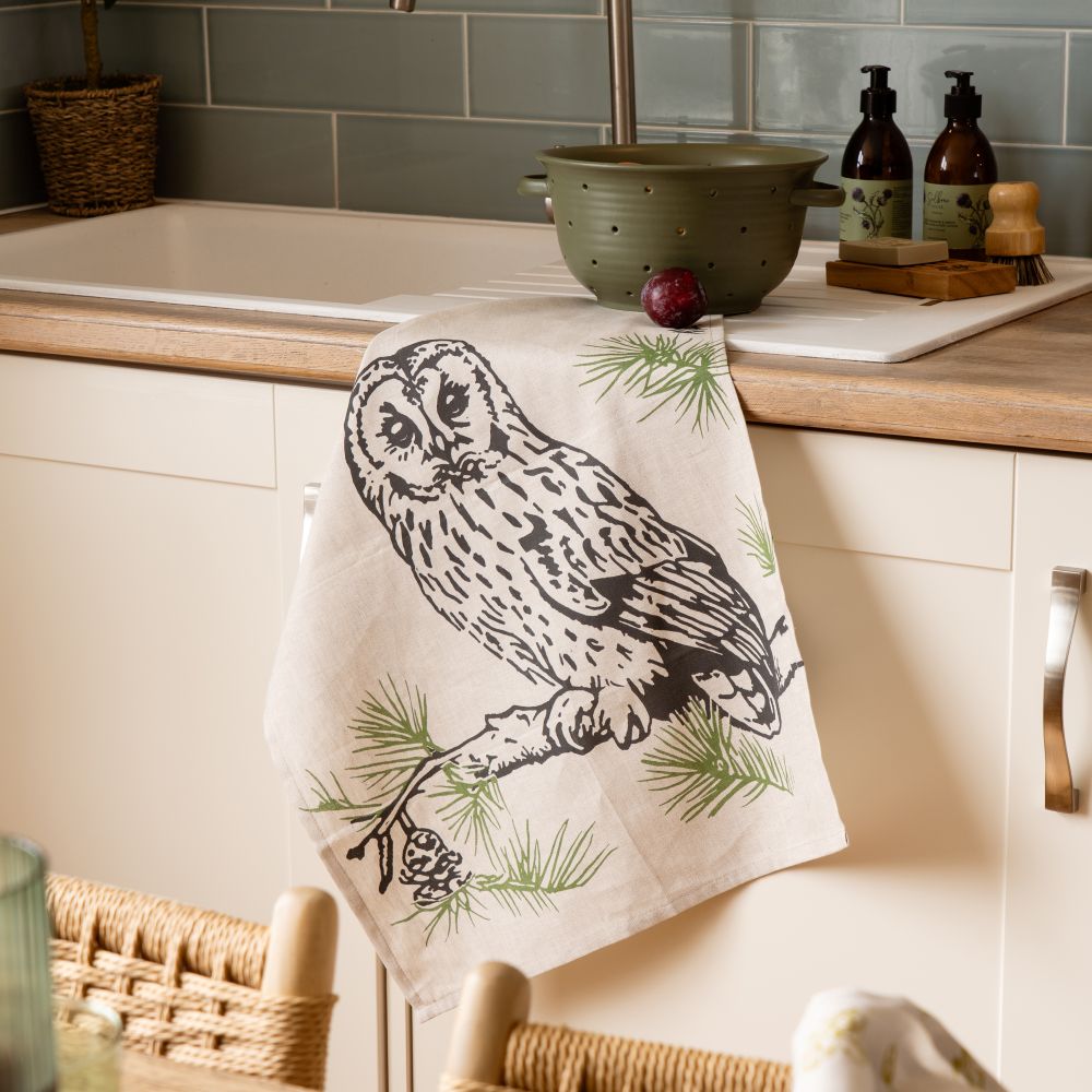 Tawny Owl Linen Tea Towel